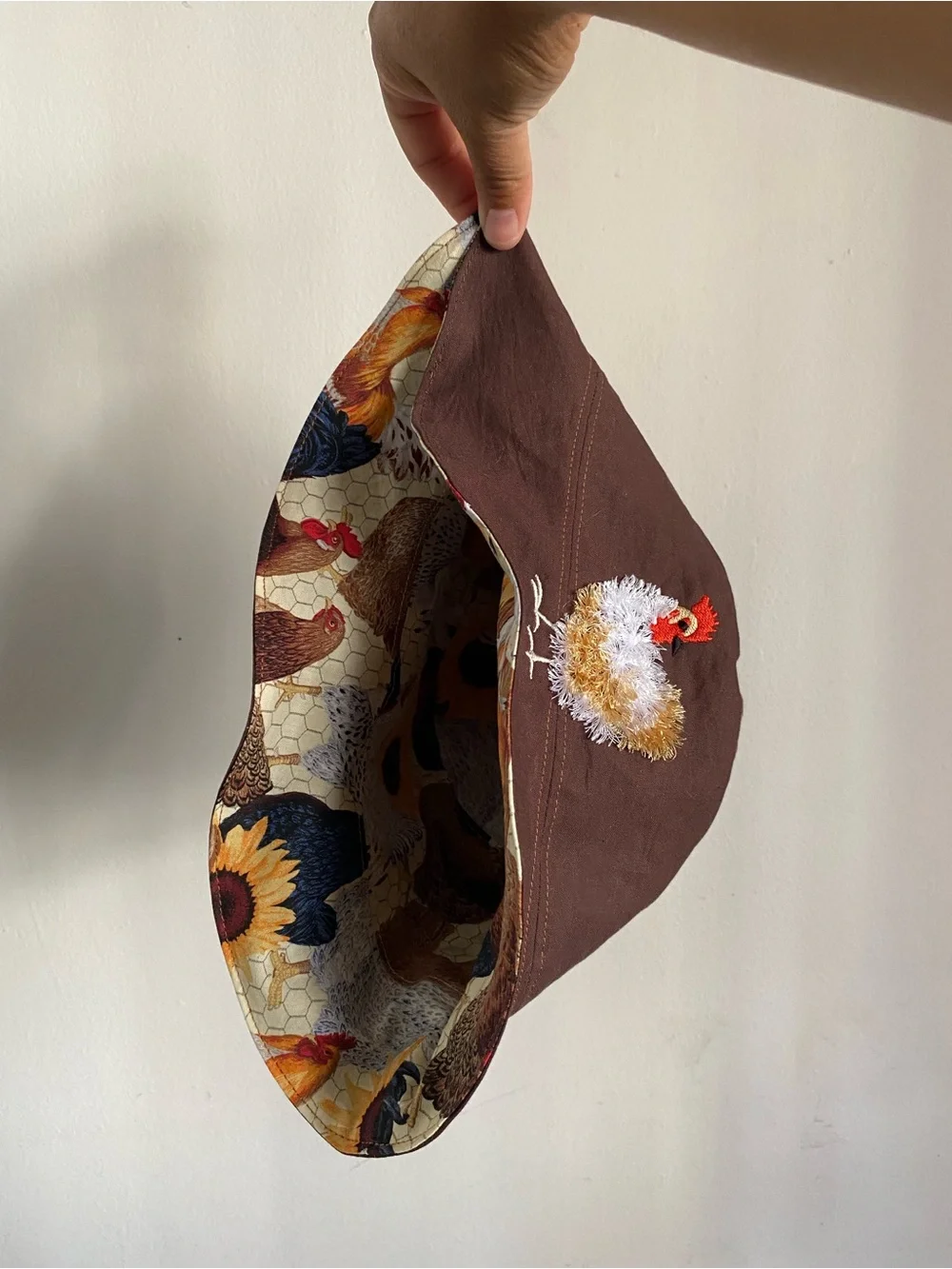 Hand Crafted Brown Bucket Hat with Embroidered Chicken